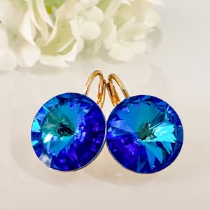 Swarovski crystal earrings Handmade Earrings, Crystal earrings, Leverback earrings Made from Genuine Swarovski® Bermuda blue Crystal 14mm