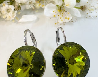 Swarovski crystal earrings Handmade Earrings, Crystal earrings, Leverback earrings Made from Genuine Swarovski® Clear Olive Green14mm