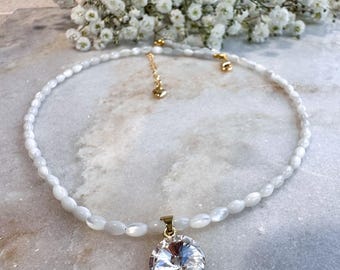 Collar/gargantilla con colgante de cristal Swarovski de perla de concha blanca para mujer, hecho a mano
