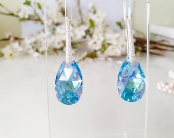 Pendientes con elemento de cristal Swarovski, Pendientes de cristal en forma de lágrima Pendientes con elemento Swarovski auténtico Azul aguamarina/plata 22 mm