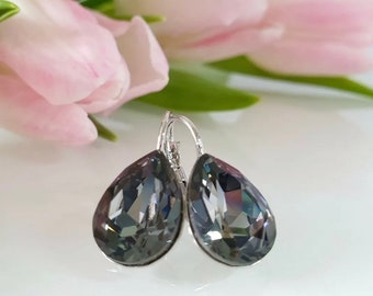 Swarovski Earrings Handmade Earrings, Crystal earrings, Leverback earrings Made from Genuine Swarovski® Crystals  14×10mm Silver Night /grey