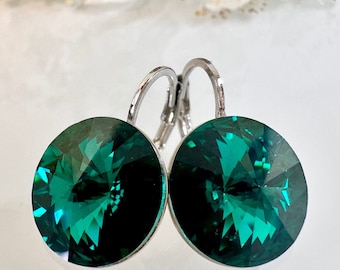 Handmade Swarovski Crystal Earrings: Emerald Green Leverback, 12mm