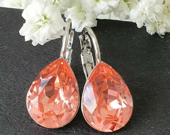 Swarovski Crystal element earrings Handmade Earrings, Crystal earrings, Leverback earrings Made from Genuine Swarovski® peach rose 14×10mm
