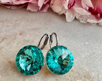 Pendientes de cristal Swarovski Pendientes hechos a mano, Pendientes de cristal, Pendientes de cierre de palanca Fabricados con auténtico cristal turquesa Swarovski® de 14 mm
