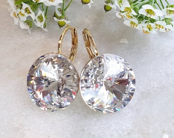 Pendientes de cristal Swarovski hechos a mano con cierre de palanca: Cristal transparente, 14 mm