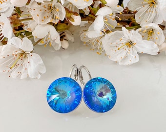 Swarovski crystal Handmade Earrings, Crystal earrings, Leverback earrings Made from Genuine Swarovski® Blue Ocean Delight Crystal 14mm