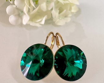 Emerald Green Swarovski Crystal Earrings: Gold Leverback, 12mm
