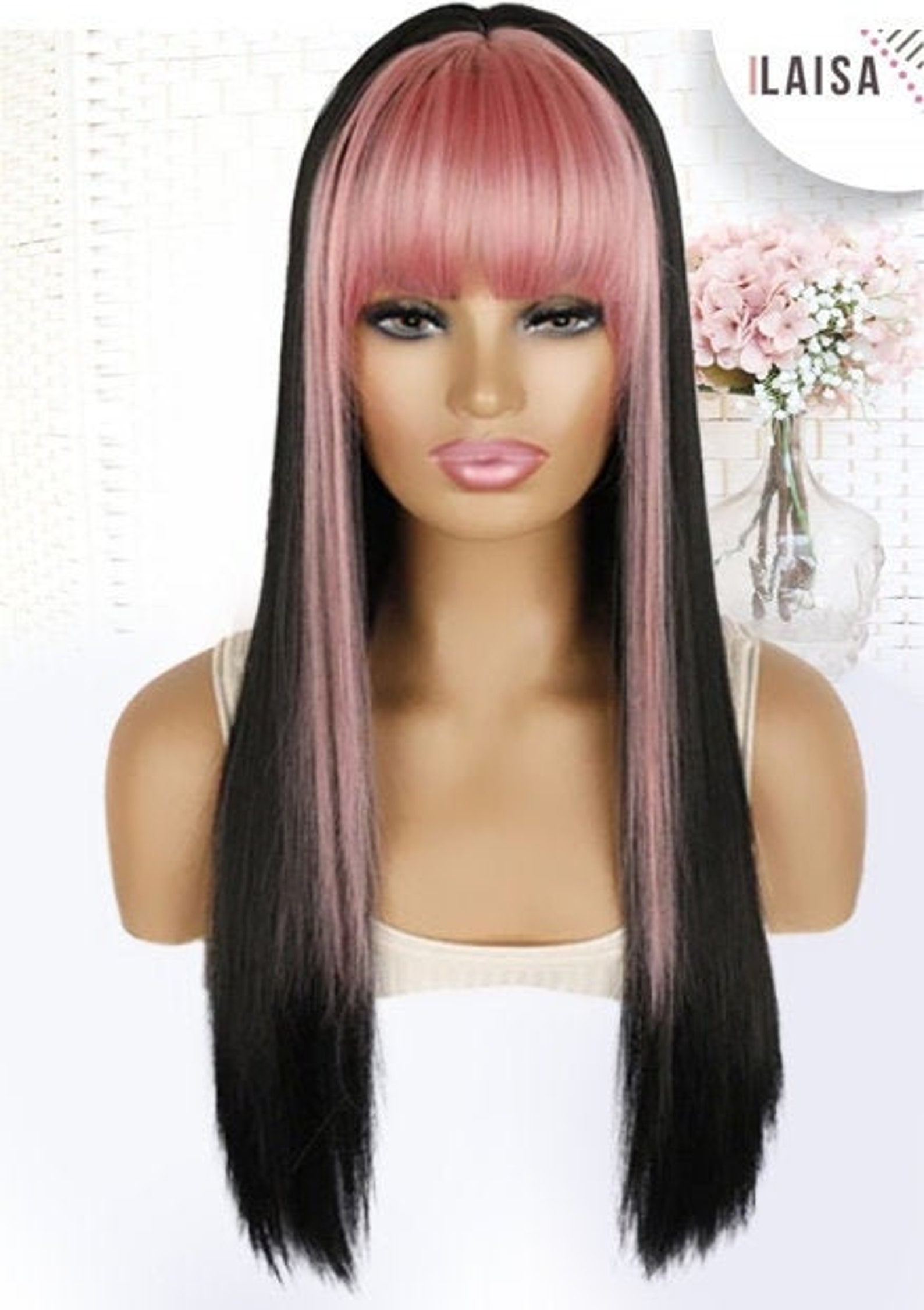 TONYA Black/Pink 28 Silky Straight wig with bangs Etsy