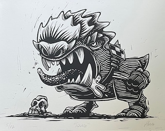 Squig Linocut Print | Handmade Monster Print | 8x10 Inch Original Art