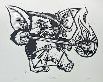 Gremlins Art for Man Cave | LinoCut Gizmo Print | 12x10 Inch Mogwai Handprinted Art