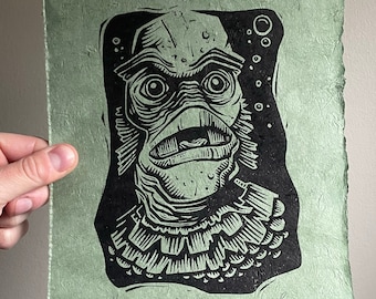 Creature from the Black Lagoon Linocut Print | Handmade Monster Movie Art (8x10)