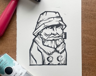Wooden Fisherman Linocut Print | Handmade Whaler Art | 6x9 Inch Nautical Print