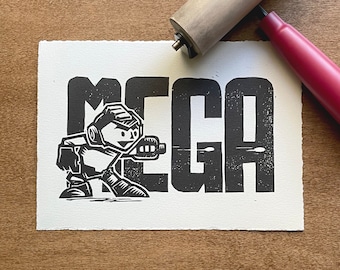 Mega Linocut Print | Handmade Hero Print | 5x7 Inch Original Art
