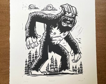 Bigfoot Linocut Print | Handmade Sasquatch Print | 11x14 Inch Original Art