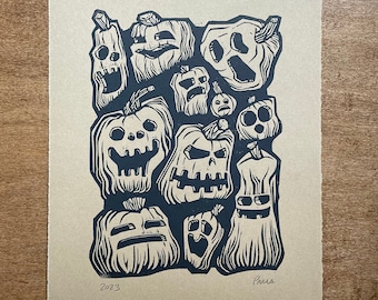 Pumpkins Linocut Print | Handmade Halloween Print | 8x10 Inch Original Art