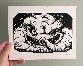 Mutant Brain Linocut Print | Handmade TMNT Inspired Print | 8x10 Inch Original Art | Evil Krang Art