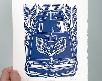 Firebird Linocut Print | Handmade '77 Classic Car Art (8x10)