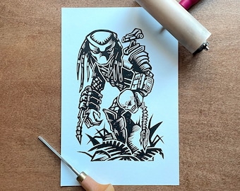 Impression linogravure Predator | Impression de chasseur faite main | Illustrations originales de 6 x 9 pouces