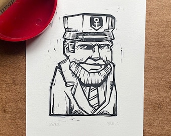 Handmade Sea Captain Linocut Print | Vintage Sailor Art (6x9 Inch)