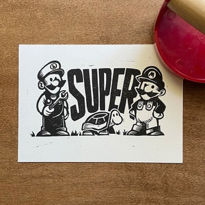 Super Bros Linocut Print | Handmade Video Game Art | 5x7 Inch Original Lino Print