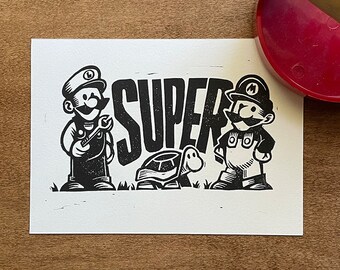 Super Bros Linocut Print | Handmade Video Game Art | 5x7 Inch Original Lino Print