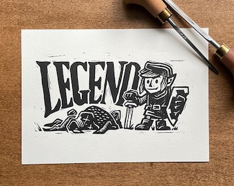 Legend Linocut Print | Handmade Hero Print | 5x7 Inch Original Art