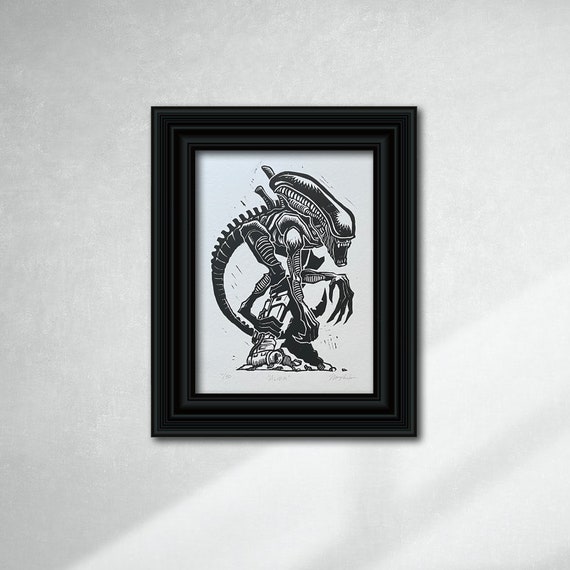 Xenomorph Linocut Print | Handmade Alien Print | 6x9 Inch Original