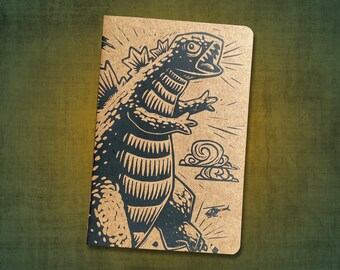 Handprinted Kaiju Sketchbook  |  Linocut cover notebook  |  A5 Monster Journal