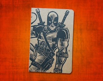 Handprinted Deadpool Sketchbook  |  Linocut cover notebook  |  A5 Marvel Journal