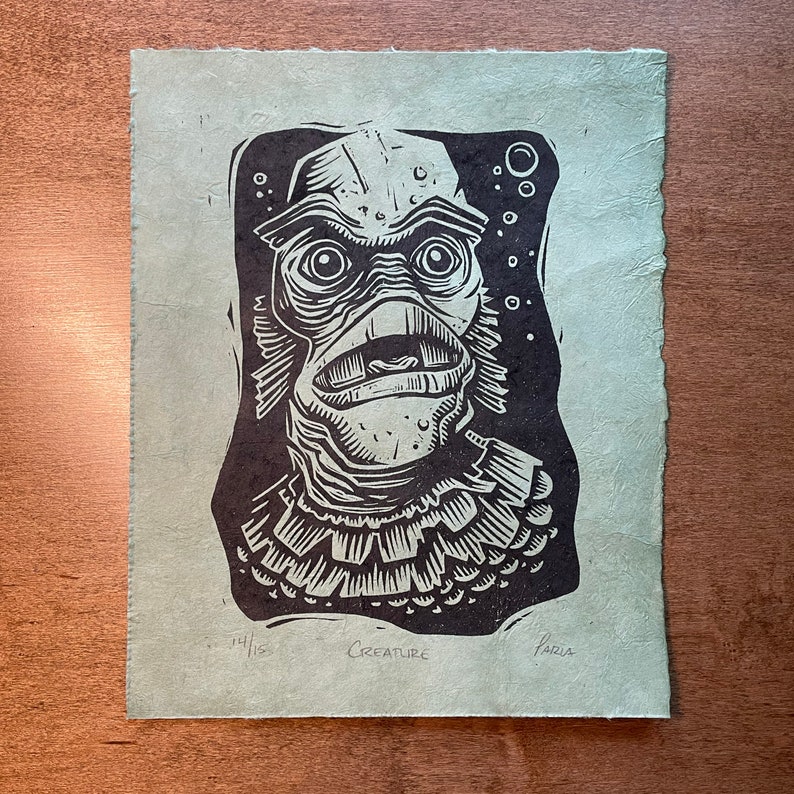 Monster Linocut Creature From the Black Lagoon Linocut Print | Handmade Monster Movie ...