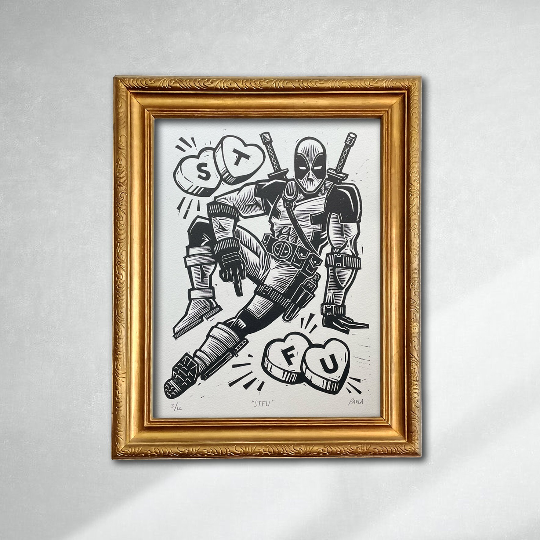 Art for Man Cave | Linocut Deadpool Print | 11x14 Inch Handprinted Art ...