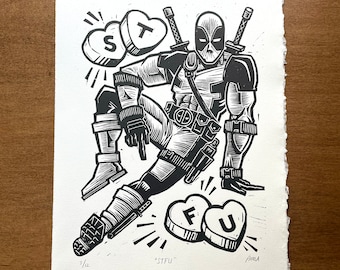 Art for Man Cave | LinoCut Deadpool Print | 11x14 Inch Handprinted Art