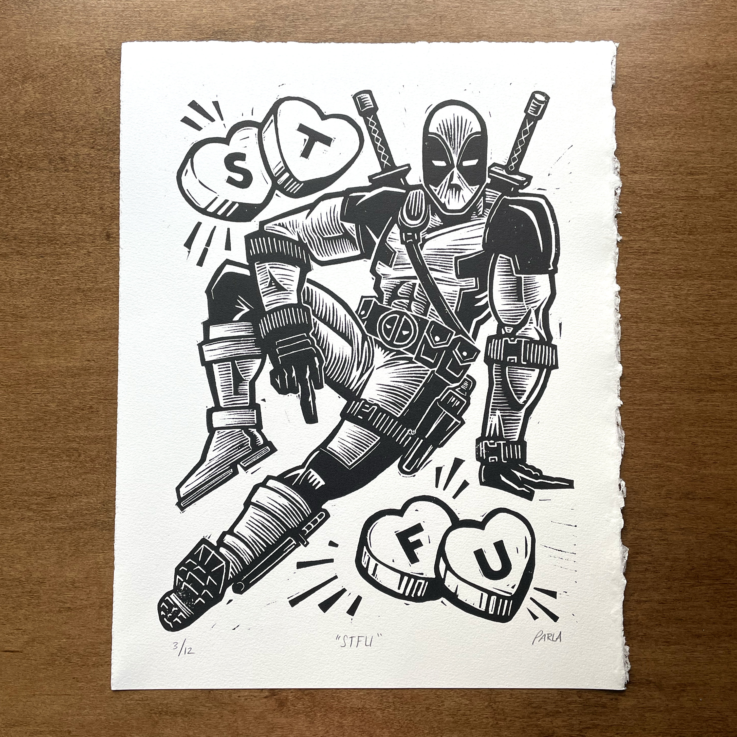 Art for Man Cave | Linocut Deadpool Print | 11x14 Inch Handprinted Art ...
