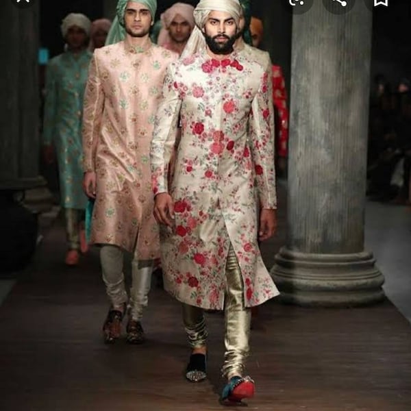 Designer floral print groom sherwani Nawabi sherwani suit Royal sherwani groomsmen outfit Indian Pakistani wedding