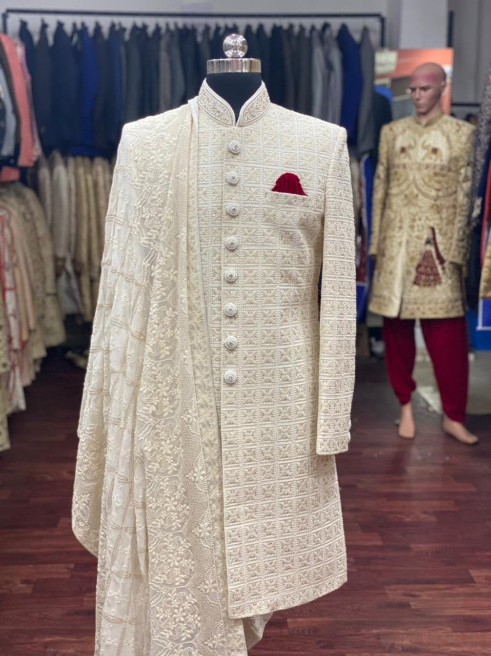 Cream Silk Sherwani For Wedding Wear