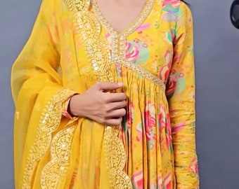 Traje Anarkali con estampado floral para damas función de boda vestido de dama de honor diseñador traje salwar set dupatta Vestido amarillo para boda india