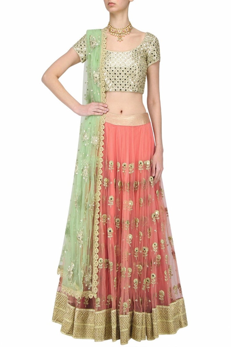 Pastel Colour Lehenga With Mirror Work Blouse and Four Side Etsy