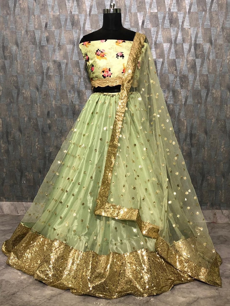 Mint green colour lehenga with sequins work and printed blouse and dupatta flare sleeves ghagra Chaniyacholi