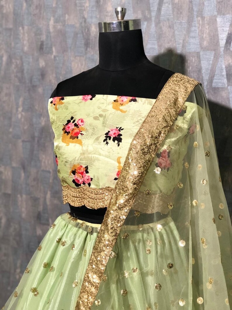 Mint green colour lehenga with sequins work and printed blouse and dupatta flare sleeves ghagra Chaniyacholi
