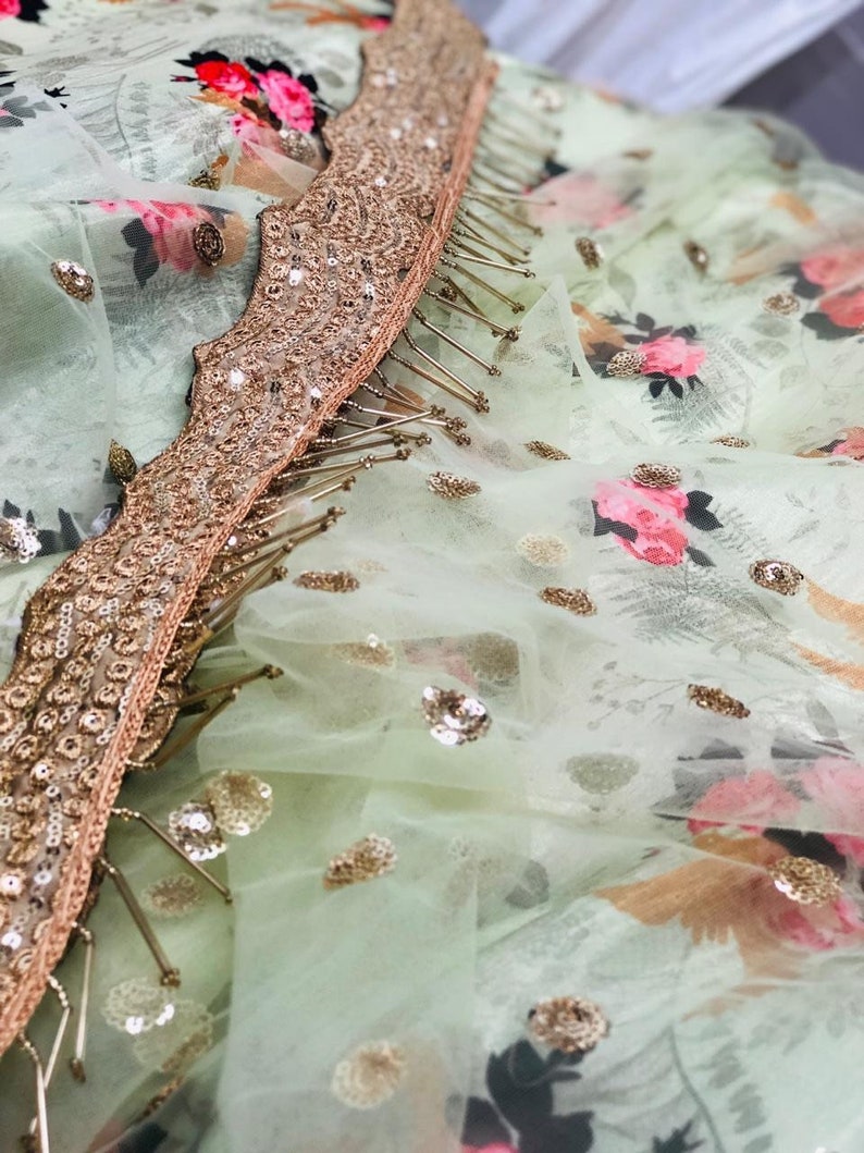 Mint green colour lehenga with sequins work and printed blouse and dupatta flare sleeves ghagra Chaniyacholi