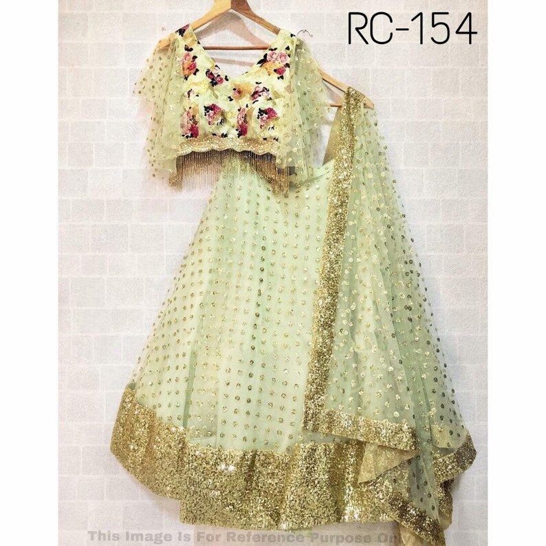 Mint green colour lehenga with sequins work and printed blouse and dupatta flare sleeves ghagra Chaniyacholi
