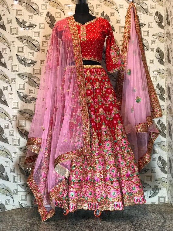 pink and maroon bridal lehenga