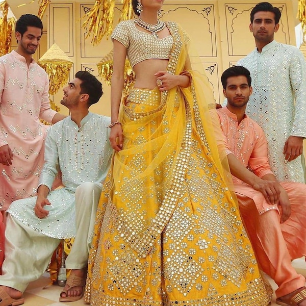 Yellow designer lehenga choli Indian Pakistani wedding bridesmaids dress Ghagra choli chaniya choli bridal lehenga mirror work Lehenga