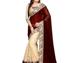 Floral Print Bollywood Poly Georgette Beige, Maroon women dress indian traditional design Cotton Blend Saree Embroidered