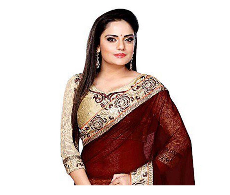 Floral Print Bollywood Poly Georgette Beige, Maroon women dress indian traditional design Cotton Blend Saree Embroidered