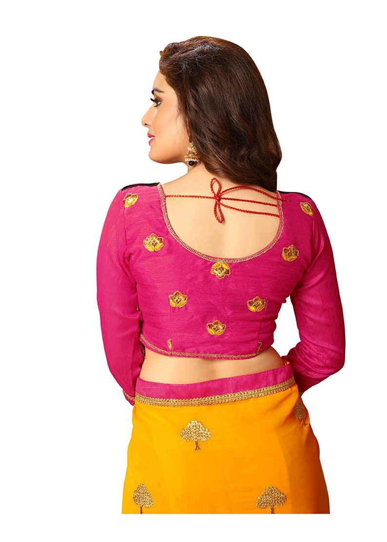 Embellished Bollywood Poly Georgette Saree Yellow Embroidered with blouse piece women dress indian traditional new design