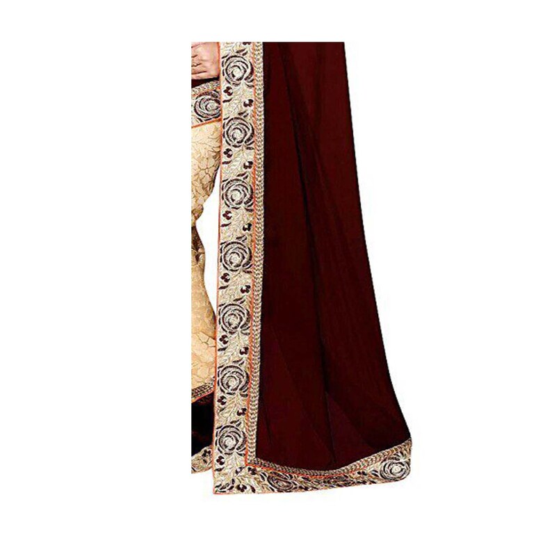 Floral Print Bollywood Poly Georgette Beige, Maroon women dress indian traditional design Cotton Blend Saree Embroidered