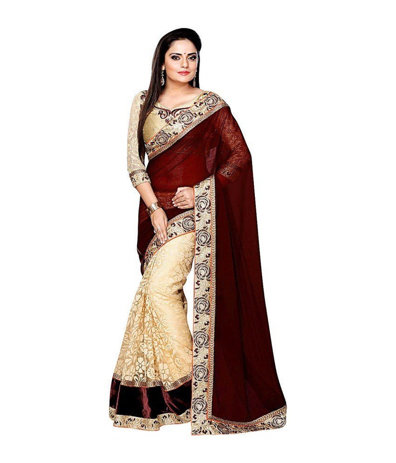 Floral Print Bollywood Poly Georgette Beige, Maroon women dress indian traditional design Cotton Blend Saree Embroidered