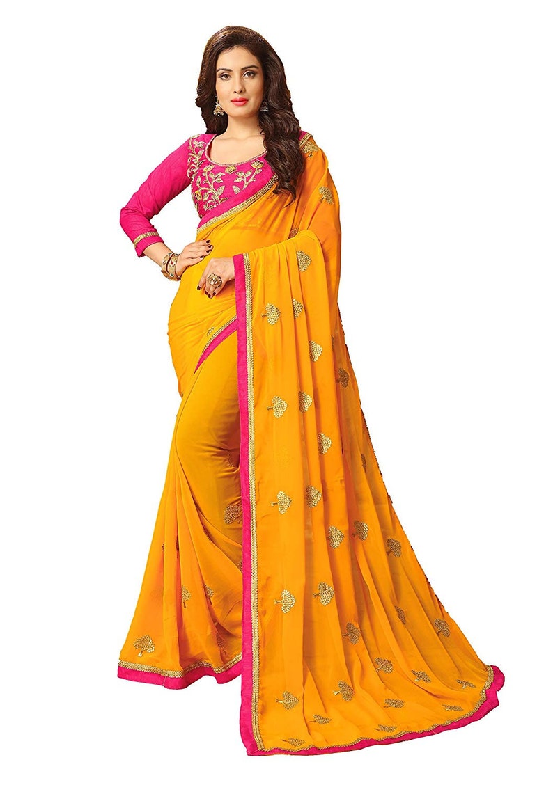 Embellished Bollywood Poly Georgette Saree Yellow Embroidered with blouse piece women dress indian traditional new design