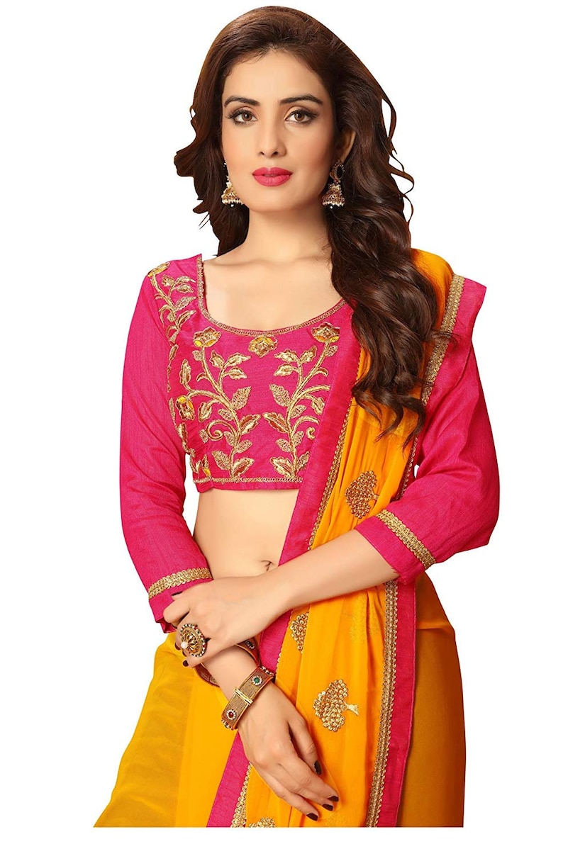Embellished Bollywood Poly Georgette Saree Yellow Embroidered with blouse piece women dress indian traditional new design